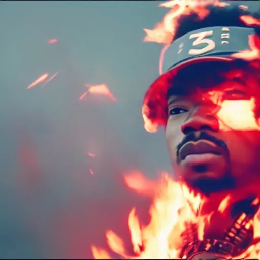 Image similar to cinematic film still of Chance The Rapper starring as a Samurai holding fire, Japanese CGI, VFX, 2022, 40mm lens, shallow depth of field, film photography