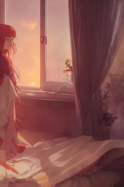 Prompt: a girl in a maid's outfit in the bedroom a night, raining outside the window, orange theme, wavy white long hair, by krenz cushart and mucha and akihito yoshida and greg rutkowski and makoto shinkai, 4 k resolution