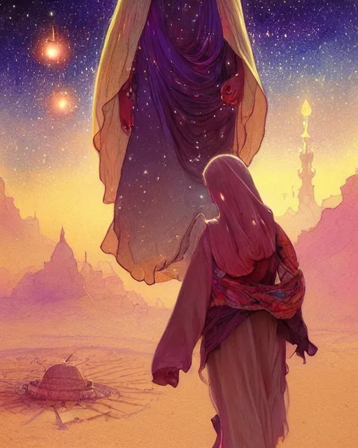 Image similar to bedouin in galaxy walking towards mosque surrounded by nebula, highly detailed, gold filigree, romantic storybook fantasy, soft cinematic lighting, award, disney concept art watercolor illustration by mandy jurgens and alphonse mucha and alena aenami, pastel color palette, featured on artstation