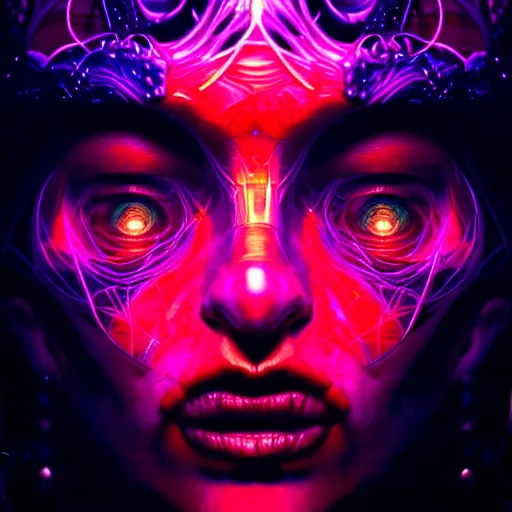 Image similar to fantasy abstract neon faces on a 8k dark background, pattern, by Josan Gonzalez and Bastien Lecouffe-Deharme, so realistic and stunning, untouchable, small brush, elegant.