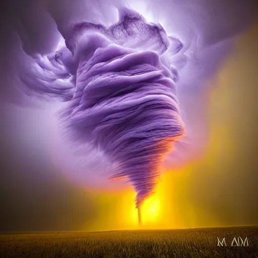 Prompt: amazing photo of a purple clouds in the shape of a tornado by marc adamus, digital art, beautiful dramatic lighting