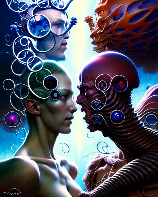 Image similar to two lovers facing each other, tarot card, fantasy character portrait made of fractals, ultra realistic, wide angle, intricate details, the fifth element artifacts, highly detailed by peter mohrbacher, hajime sorayama, wayne barlowe, boris vallejo, aaron horkey, gaston bussiere, craig mullins