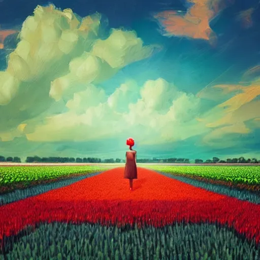 Image similar to girl with a giant tulip head, surreal photography, flower field, sunset dramatic light, impressionist painting, colorful clouds, blue sky, digital painting, artstation, simon stalenhag