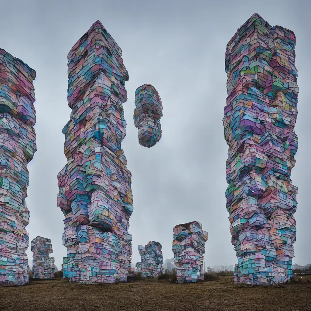 Image similar to two towers made up of colourful makeshift squatter shacks, pastel tones, plain uniform sky at the back, misty, mamiya rb 6 7, ultra sharp, very detailed, photographed by zaha hadid