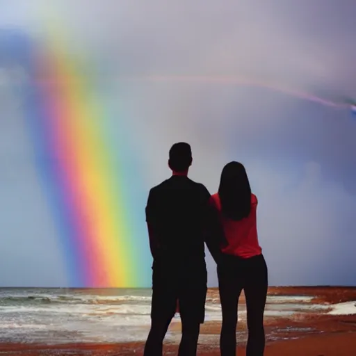 Image similar to two people joined by a rainbow emanating from their backside