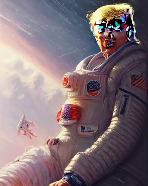 Image similar to donald trump, spacesuit, real life skin, intricate, highly detailed, artstation, concept art, smooth, sharp focus, art by artgerm and greg rutkowski