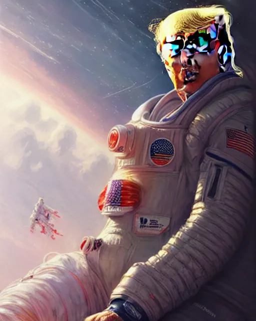 Prompt: donald trump, spacesuit, real life skin, intricate, highly detailed, artstation, concept art, smooth, sharp focus, art by artgerm and greg rutkowski