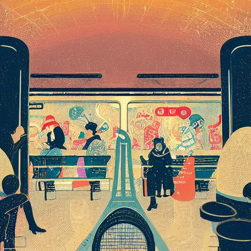 Image similar to parisian subway, illustration by victo ngai