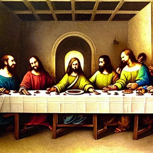 Image similar to the cast of What we do in the shadows in the painting of the last supper by leonard da vinci