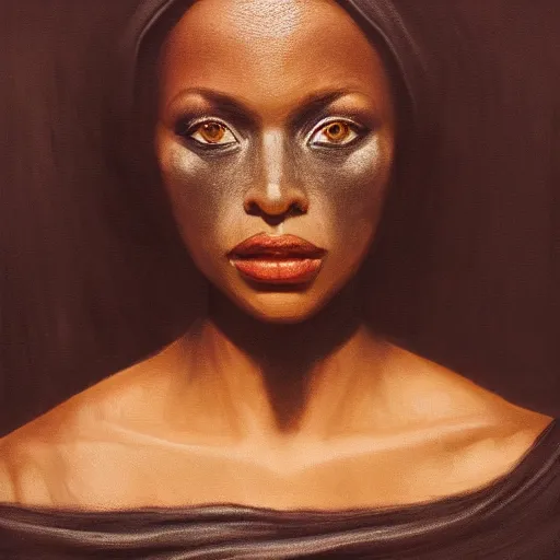 Image similar to a portrait of a young black woman wearing a long dark cloak, hood and shadows covering face, anatomically correct, beautiful perfect face, enigmatic, oil painting, matte painting, black background, Volumetric Golden dappled dynamic lighting, Highly Detailed, Cinematic Lighting, Unreal Engine, 8k, HD, by Beksinski