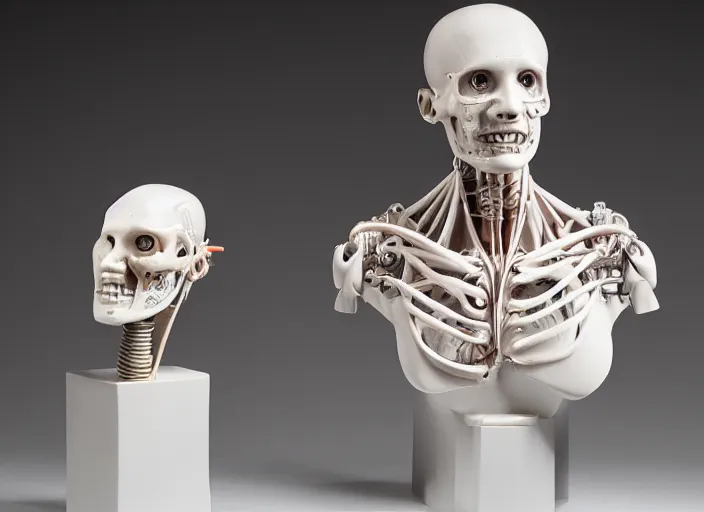 Image similar to a bust sculpture of anatomical cyborg, ceramic base, studio lighting