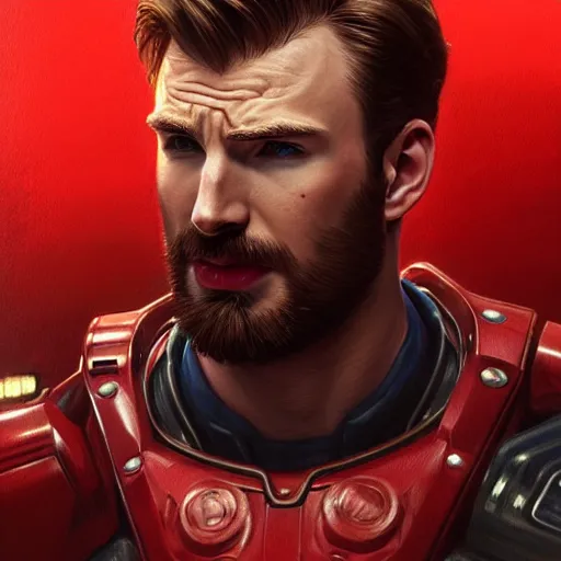 Prompt: handsome Chris Evans wearing a Red Power Armor, western, closeup, D&D, fantasy, intricate, elegant, highly detailed, digital painting, artstation, concept art, matte, sharp focus, illustration, art by Artgerm and Greg Rutkowski and Alphonse Mucha