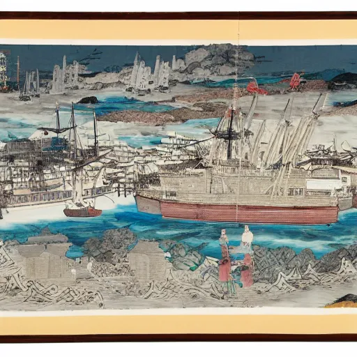 Image similar to a hanging scroll painting of a panorama of a tuna fishing port, by Ma Lin, ink and color on silk, detailed, landscape