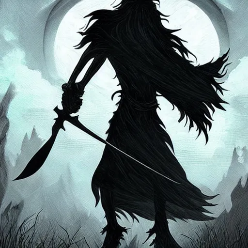 Prompt: fantasy art sillohuette character with scythe standing in for ground, menacing werewolf in background, intense, stunning, unsettling ( dark colors ) ( mist )