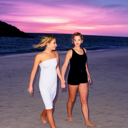 Image similar to Photograph of Jennifer Lawrence and Jennifer Lawrence walking along the beach together, golden hour, 8k,