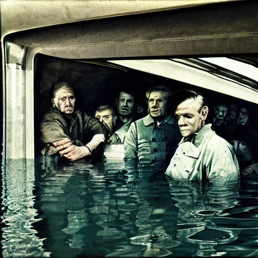 Image similar to almost completely flooded metro wagon. photo from inside the wagon, in the center of the frame stands one calm man up to his chest in water and looks at the camera. warm lighting, old color photo, ussr, extremely detailed, 8 k, vintage color