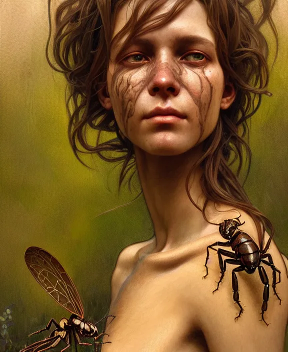 Prompt: intricate earth - toned portrait of a comforting alien insect creature, mottling coloring, adorable, childlike, overgrown environment, ultra realistic, concept art, maximalist, photorealistic, octane render, 8 k, unreal engine. art by christopher marley and artgerm and greg rutkowski and alphonse mucha