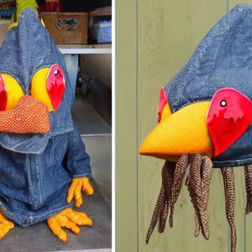 Prompt: bird with teeth, wormhat, denim chicken