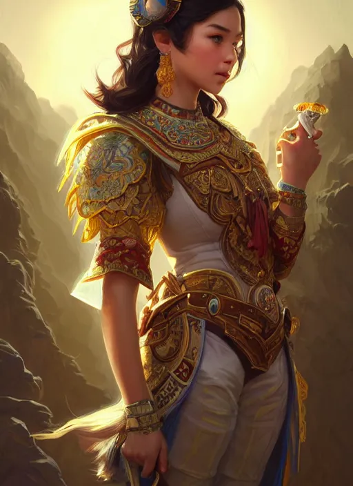 Image similar to portrait of russian mexican asian girl jodhpurs hyperborea lemuria, deep focus, d & d, fantasy, intricate, elegant, highly detailed, digital painting, artstation, concept art, matte, sharp focus, illustration, hearthstone, art by rhads by artgerm and greg rutkowski and alphonse mucha