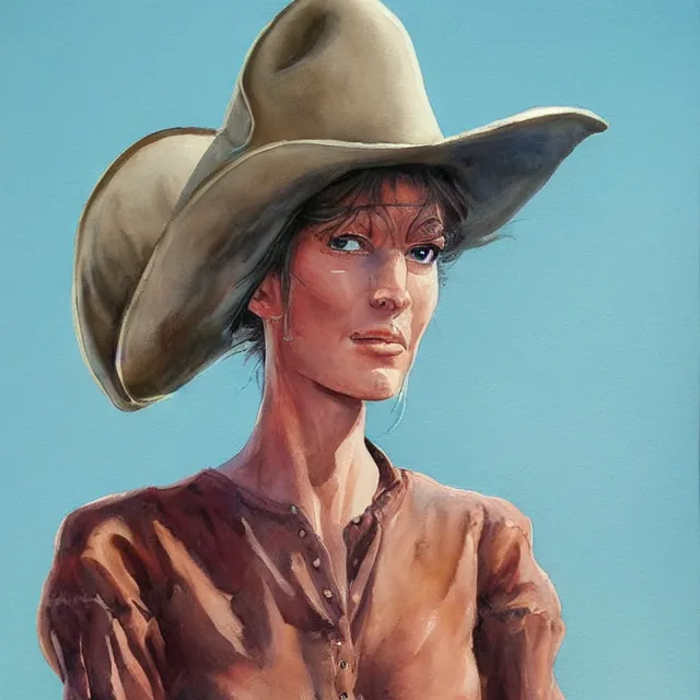 Prompt: a oil / watercolor painting full body character portrait of a cloned cowgirl in the style of moebius in the style of leonard boyarsky trending on artstation deviantart pinterest detailed realistic hd 8 k high resolution