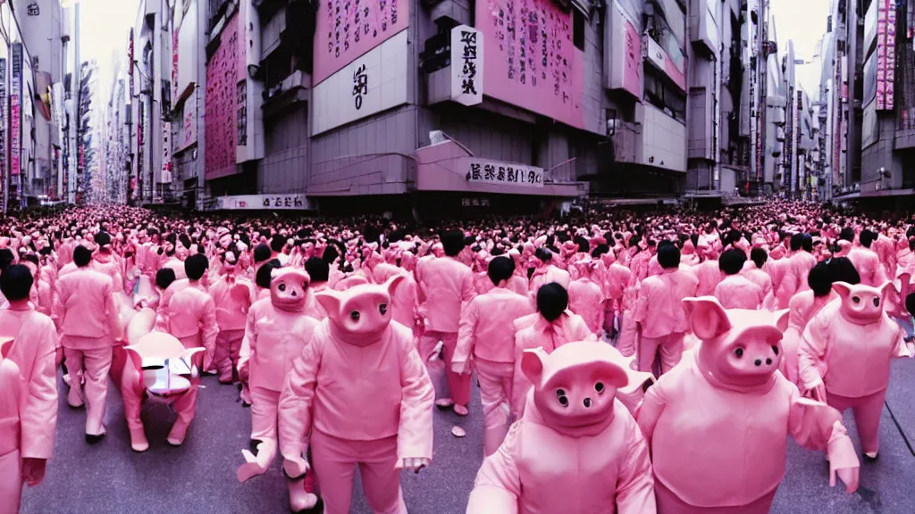 Prompt: a parade on the streets Tokyo everyone is dressed in pink and wearing pig masks, film still from the an anime directed by Katsuhiro Otomo with art direction by Salvador Dalí, wide lens