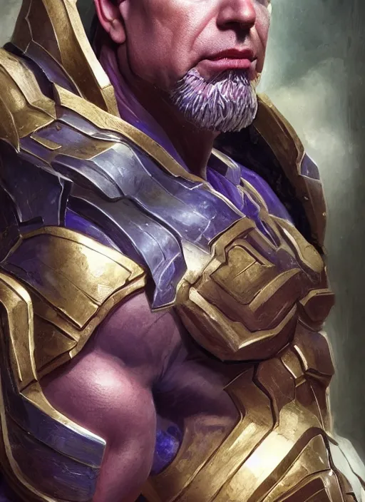 Image similar to jeff bezos is a muscular bodybuilder and is wearing thanos armor, au naturel, hyper detailed, digital art, trending in artstation, cinematic lighting, studio quality, smooth render, unreal engine 5 rendered, octane rendered, art style by klimt and nixeu and ian sprigger and wlop and krenz cushart.