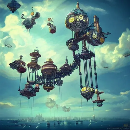 Image similar to flying city in a mechanical flower flower flower flower, sky, steampunk!!!, fantasy art, steampunk, masterpiece, octane, ghibli