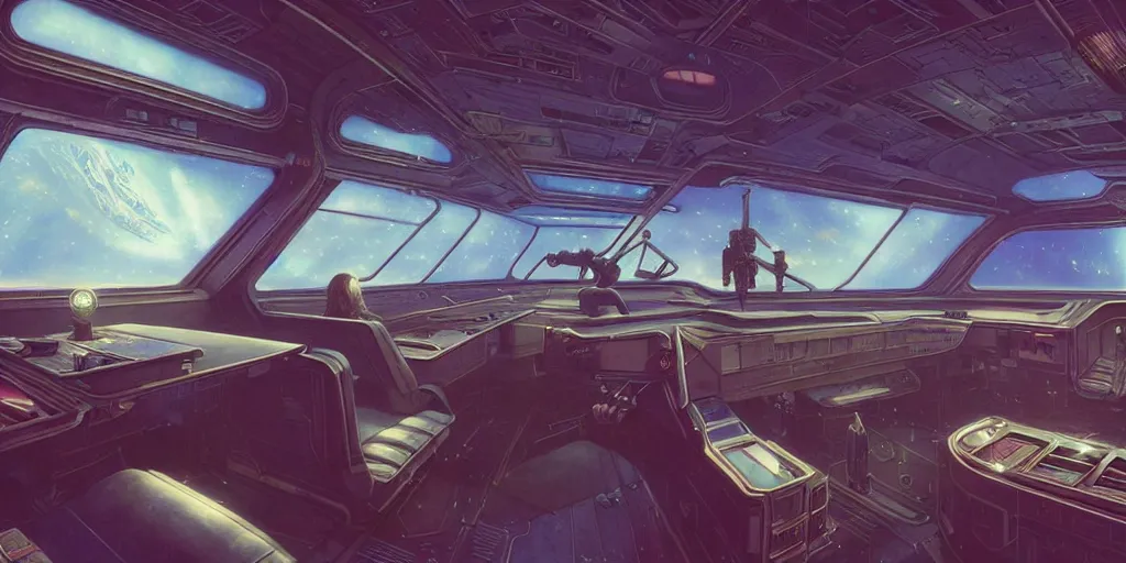 Image similar to highly detailed interior of a retro spaceship with large windows, stephen bliss, unreal engine, greg rutkowski, ilya kuvshinov, ross draws, hyung tae and frank frazetta, tom bagshaw, tom whalen, nicoletta ceccoli, mark ryden, earl norem, global illumination, god rays, detailed and intricate environment