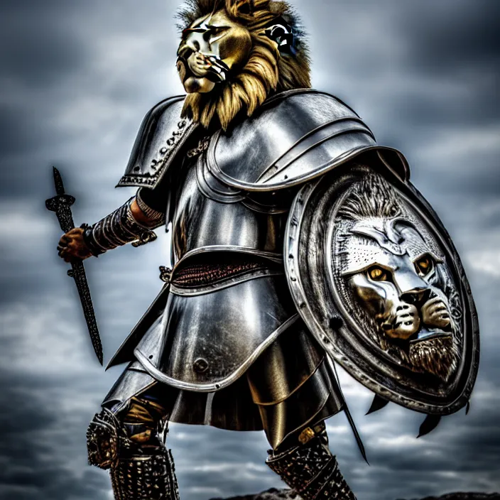 Image similar to photo of a warrior with metal lion themed armour, highly detailed, 4 k, hdr, smooth, sharp focus, high resolution, award - winning photo