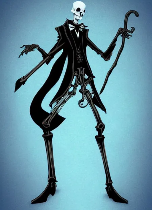 Image similar to DND character concept, Tall skeletal figure, wearing a deep black suit!!! and tie and top hat, holding a golden cane. Surrounded by light blue!!! flames!!