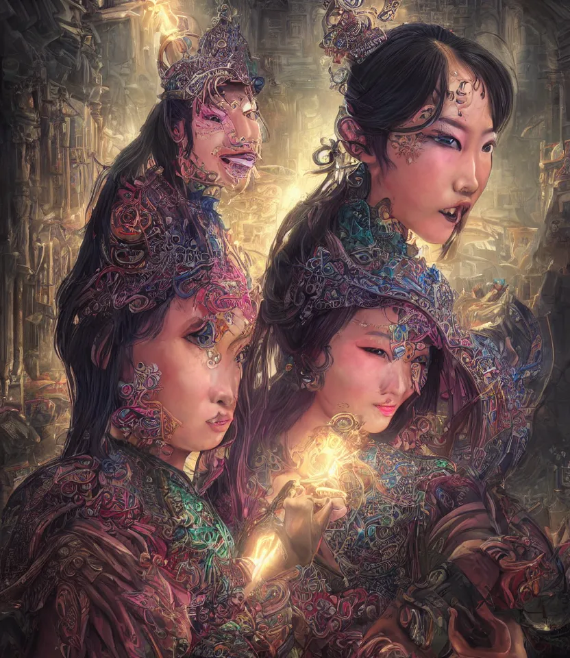 Image similar to beautiful portrait of magician asian girl, cheeky smile, glowing eyes, intricate details, colourful, atmospheric light, ominous ancient city on the background, dark fantasy, ultra realistic details, detailed face, artstation, illustration, one character, symmetrical, by arthur adams