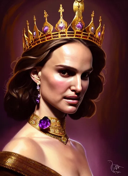 Image similar to portrait of natalie portman as a queen, throne, jewelry, greek, amethyst, intricate, headshot, highly detailed, digital painting, artstation, concept art, sharp focus, cinematic lighting, illustration, art by artgerm and greg rutkowski, alphonse mucha, cgsociety