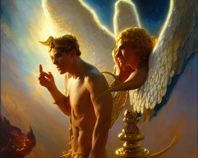 Image similar to attractive angel male deity, casting magic, summoning handsome lucifer morning star. highly detailed painting by gaston bussiere, craig mullins, j. c. leyendecker 8 k