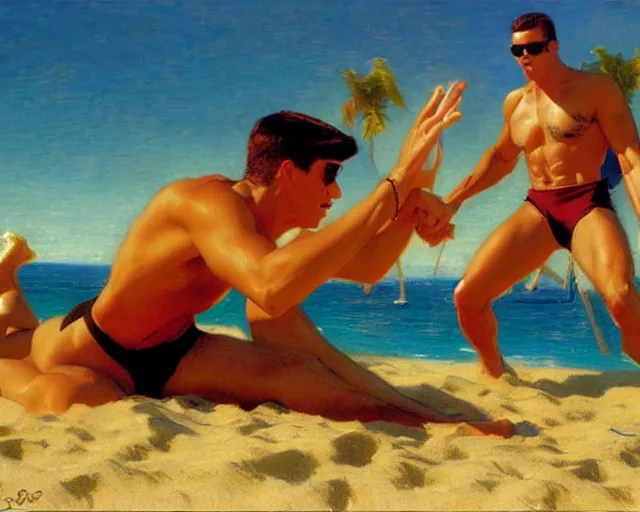 Prompt: top gun beach volleyball scene, cool colors, hard angles, painting by gaston bussiere, craig mullins, j. c. leyendecker, tom of finland