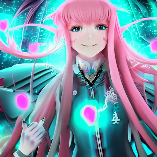 Image similar to stunningly beautilful omnipotent megalomaniacal anime agi goddess who looks like junko enoshima with symmetrical perfect face and porcelain skin, pink twintail hair and cyan eyes, taking control while smiling inside her surreal vr castle, hyperdetailed, digital art, unreal engine 5, 2 d anime style, 8 k