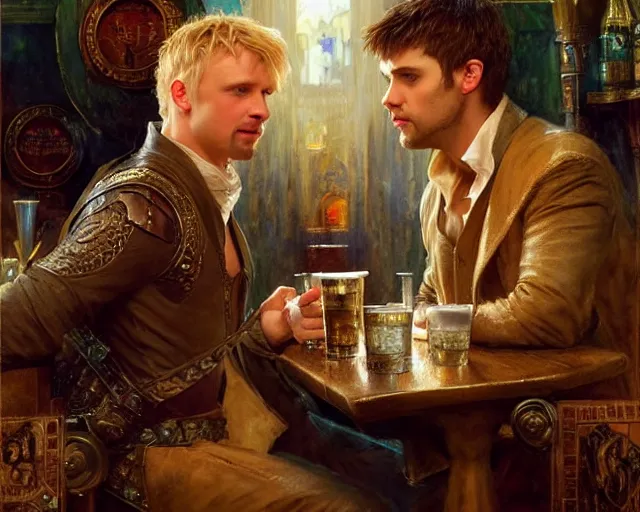 Image similar to attractive arthur pendragon and attractive merlin go to a pub together to have some drinks. highly detailed painting by gaston bussiere, craig mullins, j. c. leyendecker 8 k