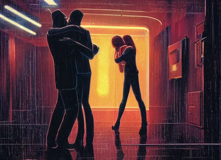 Prompt: a man and a woman are scared and hug each other, they are crouching, a motion control with a cinema camera films this couple, illustration by Greg Hildebrandt, dark scene, heavy rain, from blade runner 2049 movie