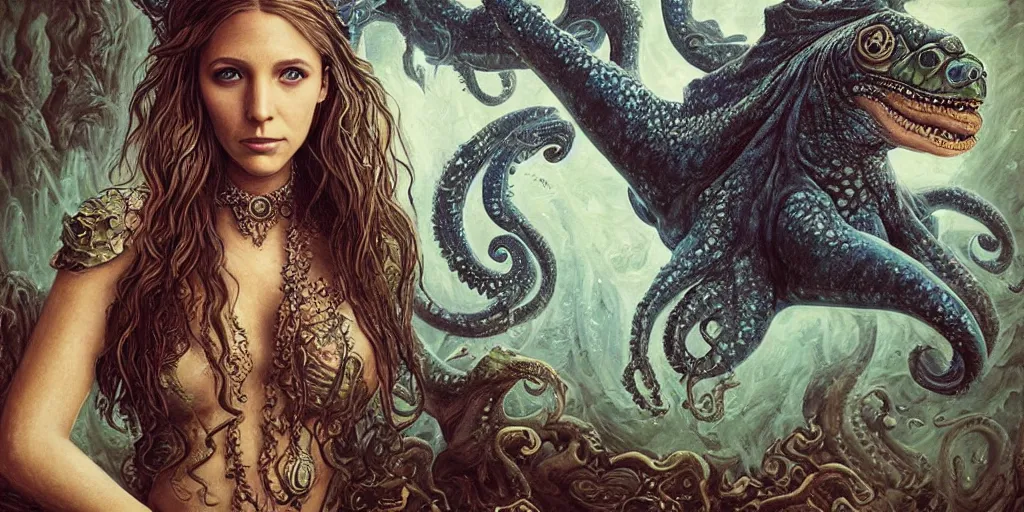 Prompt: Fantasy fairytale style portrait painting, Great Leviathan Turtle, cephalopod, Cthulhu Squid, hybrid, Mythic Island, center Universe, accompany Cory Chase, Blake Lively, Anya_Taylor-Joy, Grace Moretz, Halle Berry, Mystical Valkyrie, Anubis-Reptilian, Atlantean Warrior, hybrid, intense fantasy atmospheric lighting, hyperrealistic, William-Adolphe Bouguereau, François Boucher, Jessica Rossier, Michael Cheval, Oil Painting, Cozy, hot springs hidden Cave, candlelight, natural light, lush plants and flowers, Spectacular Mountains, bright clouds, luminous stellar sky, outer worlds, michael whelan, Solar Flare HD,