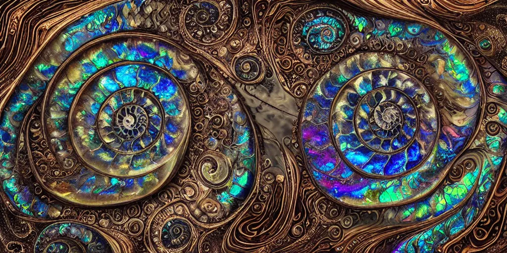 Image similar to art nouveau cresting oil slick waves, ammonite, hyperdetailed bubbles in a shiny iridescent oil slick wave, black opals, ornate copper patina spiral ornament, rococo, organic rippling spirals, hyperdetailed photorealistic ultrasharp octane render