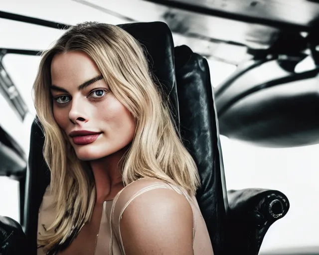 Image similar to a photo of margot robbie sitting on a flying plane, hyper realistic face, beautiful eyes, cinematic, long shot, hyper detailed, 8 5 mm photograph, 8 k resolution, film still, sharp lens, wide lens