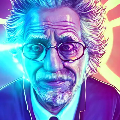 Image similar to portrait of old rick sanchez, lab coat and tee shirt, lens flare, atmosphere, glow, detailed, intricate, full of colour, cinematic lighting, 4 k, hyperrealistic, focused, extreme details, cinematic, masterpiece