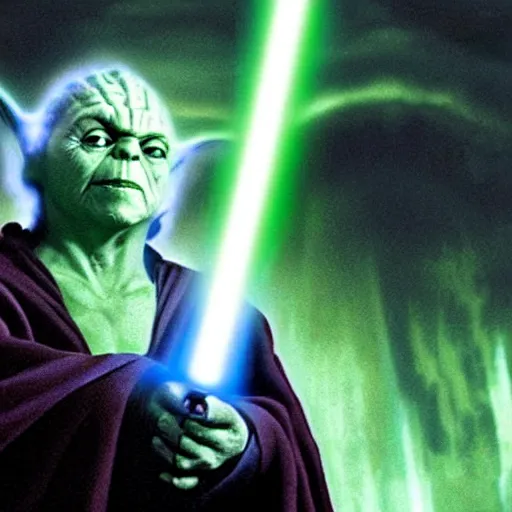 Prompt: darth sidious with the face of yoda. in a hooded black robe. blue lightning coming from fingertips. he has the green face of yoda. lightning shooting from fingers.