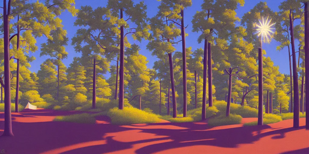 Prompt: silly, in the forest, blue sky, summer evening, kenton nelson