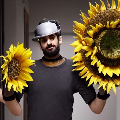 Prompt: ethan klein as a steampunk robot holding a large sunflower in a long futuristic hallway