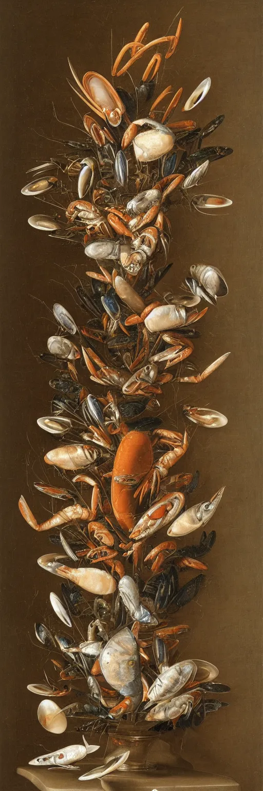 Prompt: A vase of seafood by Balthasar van der Ast