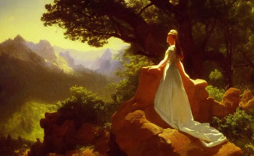 Image similar to a painting of a woman!! aristocrat overlooking a deep valley!! style of Albert Bierstadt, high details, moody lighting, atmospheric