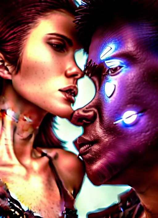 Prompt: ultra realistic close - up of a couple of cyborgs lovers, kissing, passion, cyberpunk, sci - fi, fantasy, kodak, photorealistic illustration, colour led, soft light, volumetric lighting, night, intricate, highly detailed, digital painting, concept art, smooth, sharp focus, illustration, art by artgerm and greg rutkowski and alphonse mucha
