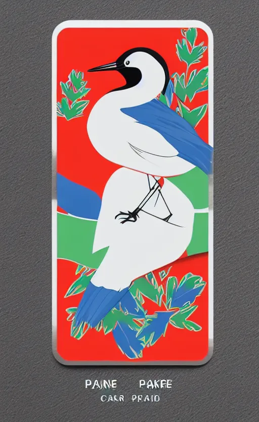 Prompt: poker card design, simple design, modern, solid colors, japanese crane bird in center, pines symbol in the corners, vivid colors, clean style, trending on kickstarter