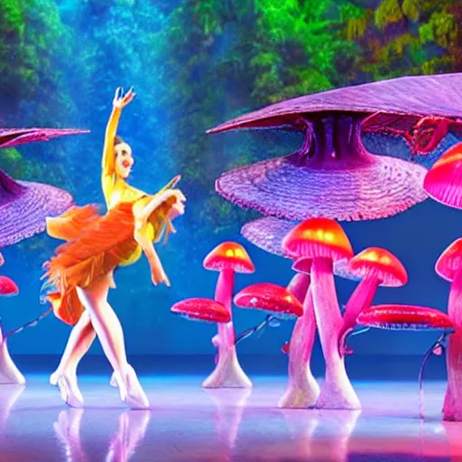 Prompt: a musical about dancing mushrooms, promotional images, imax, photorealistic, distortion