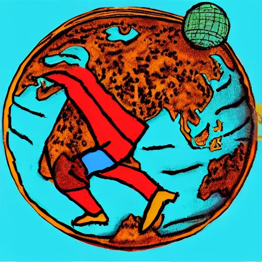 Prompt: Illustration of giant man looking over the planet earth